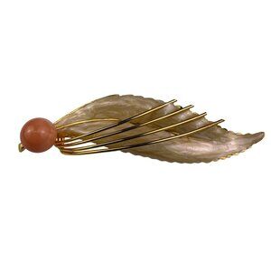 Unknown Ladies Gold Tone Plastic Leaf Clip Brooch With Peach Beaded Accent